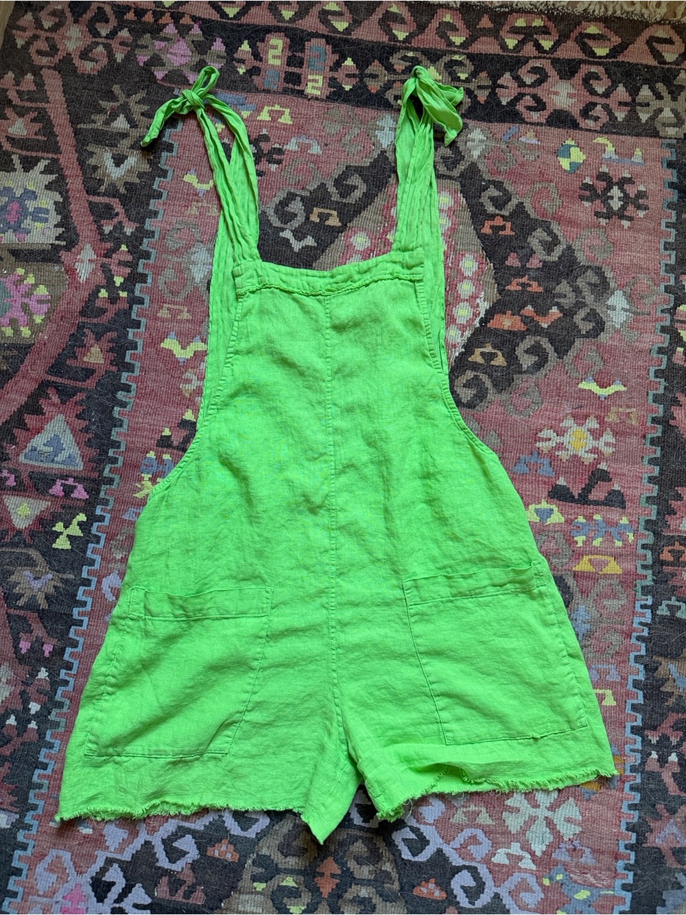 Women's Tie-Strap Linen Romper - Bright Green